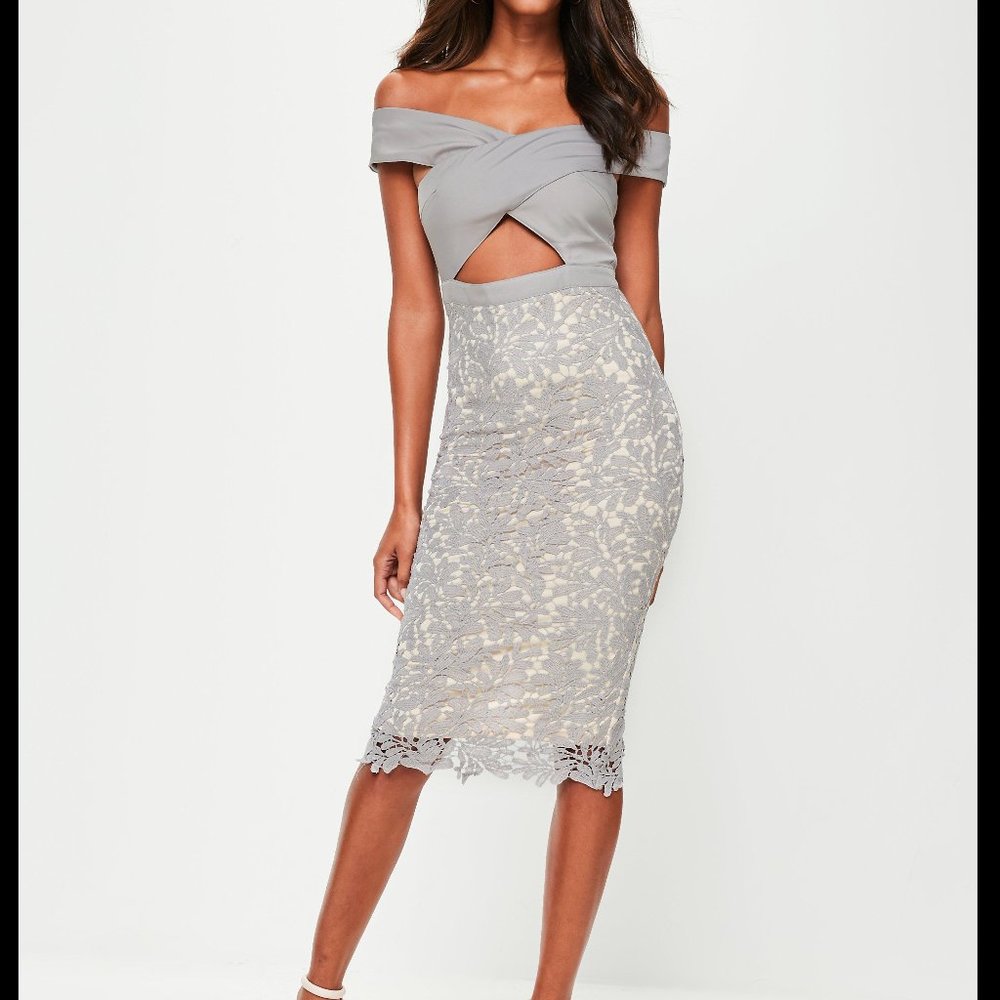 MISSGUIDED Crepe Bardot Lace Midi Dress Keyhole 8